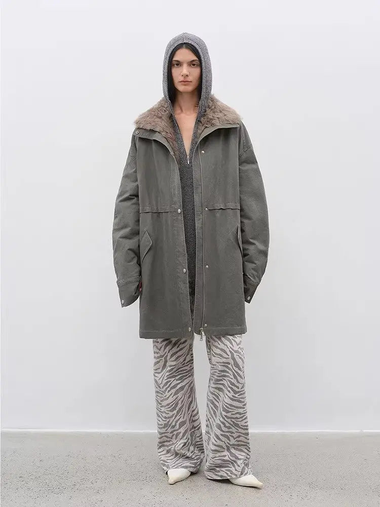 Firelady Fur Cool Denim Fabric grayish green hooded goose down parka