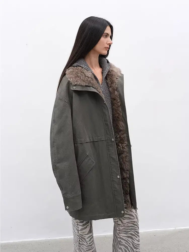 Firelady Fur Cool Denim Fabric grayish green down parka side view