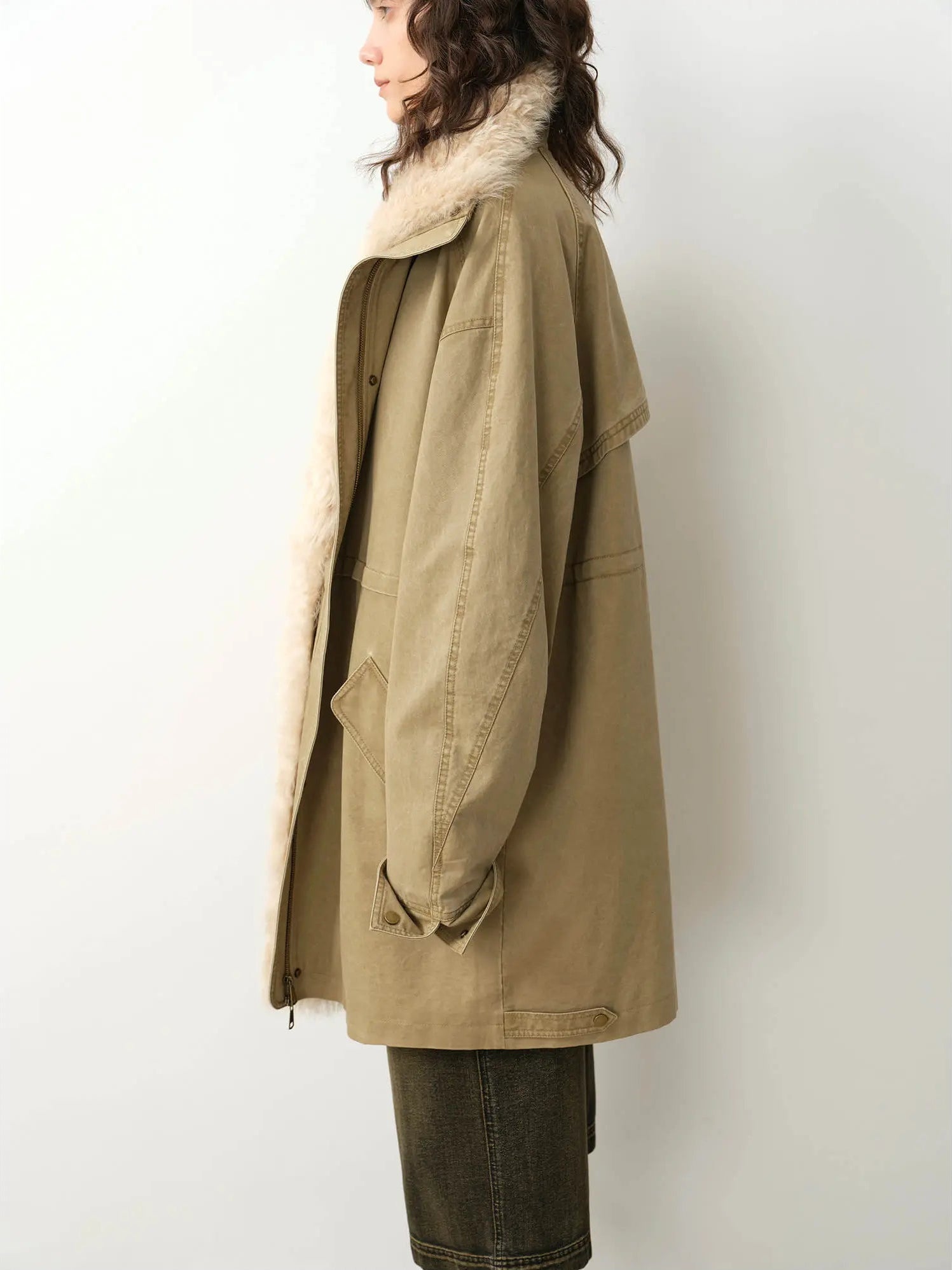 Firelady Fur Cool Denim Fabric khaki down parka side profile