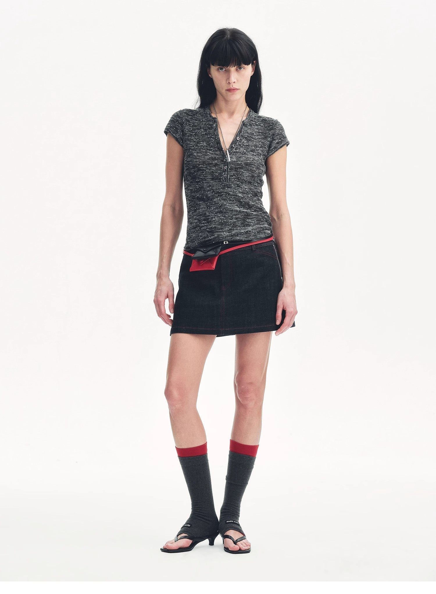 Cotton and Linen Blend Sequined Henley Neck Short Sleeve T-Shirt"Minimalist Light Gap" - variant_title