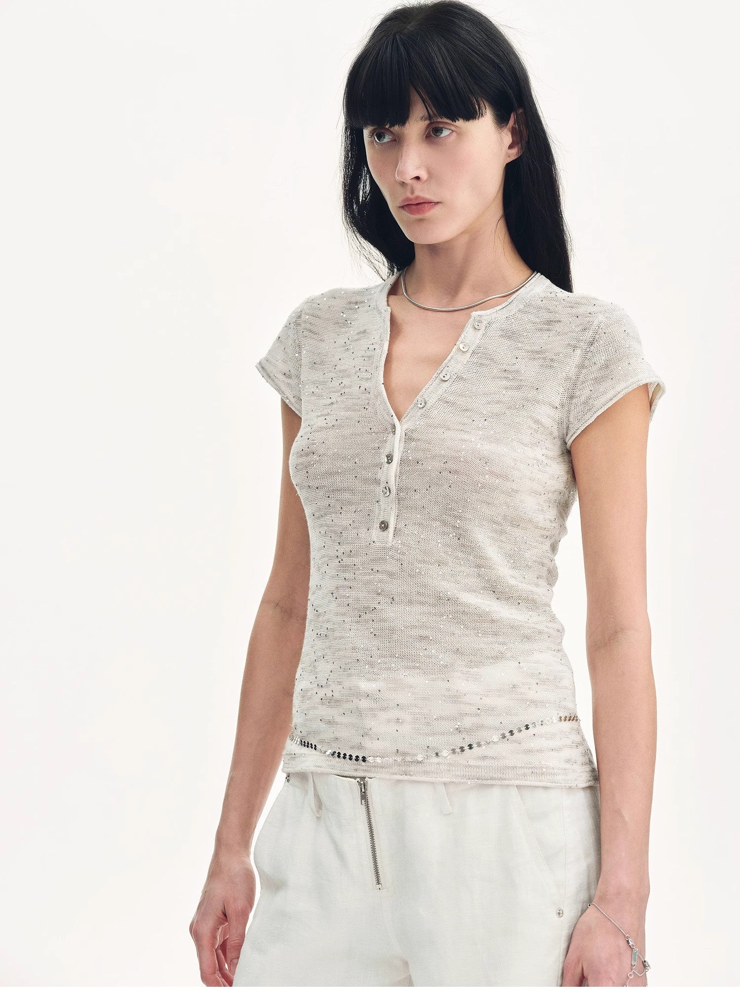 Cotton and Linen Blend Sequined Henley Neck Short Sleeve T-Shirt"Minimalist Light Gap" - variant_title