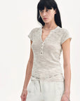 Cotton and Linen Blend Sequined Henley Neck Short Sleeve T-Shirt"Minimalist Light Gap" - variant_title