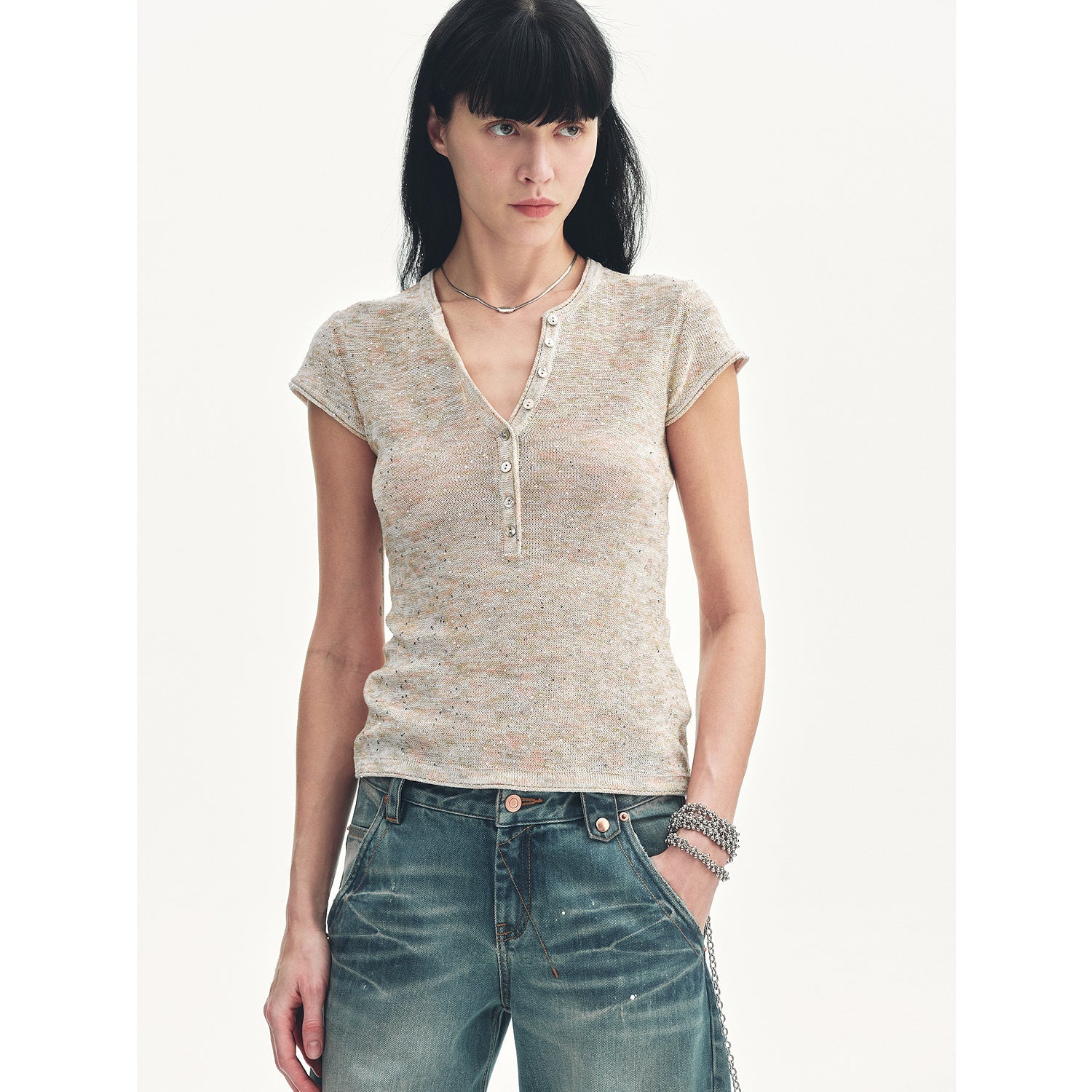 Cotton and Linen Blend Sequined Henley Neck Short Sleeve T-Shirt"Minimalist Light Gap" - variant_title