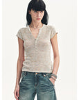 Cotton and Linen Blend Sequined Henley Neck Short Sleeve T-Shirt"Minimalist Light Gap" - variant_title