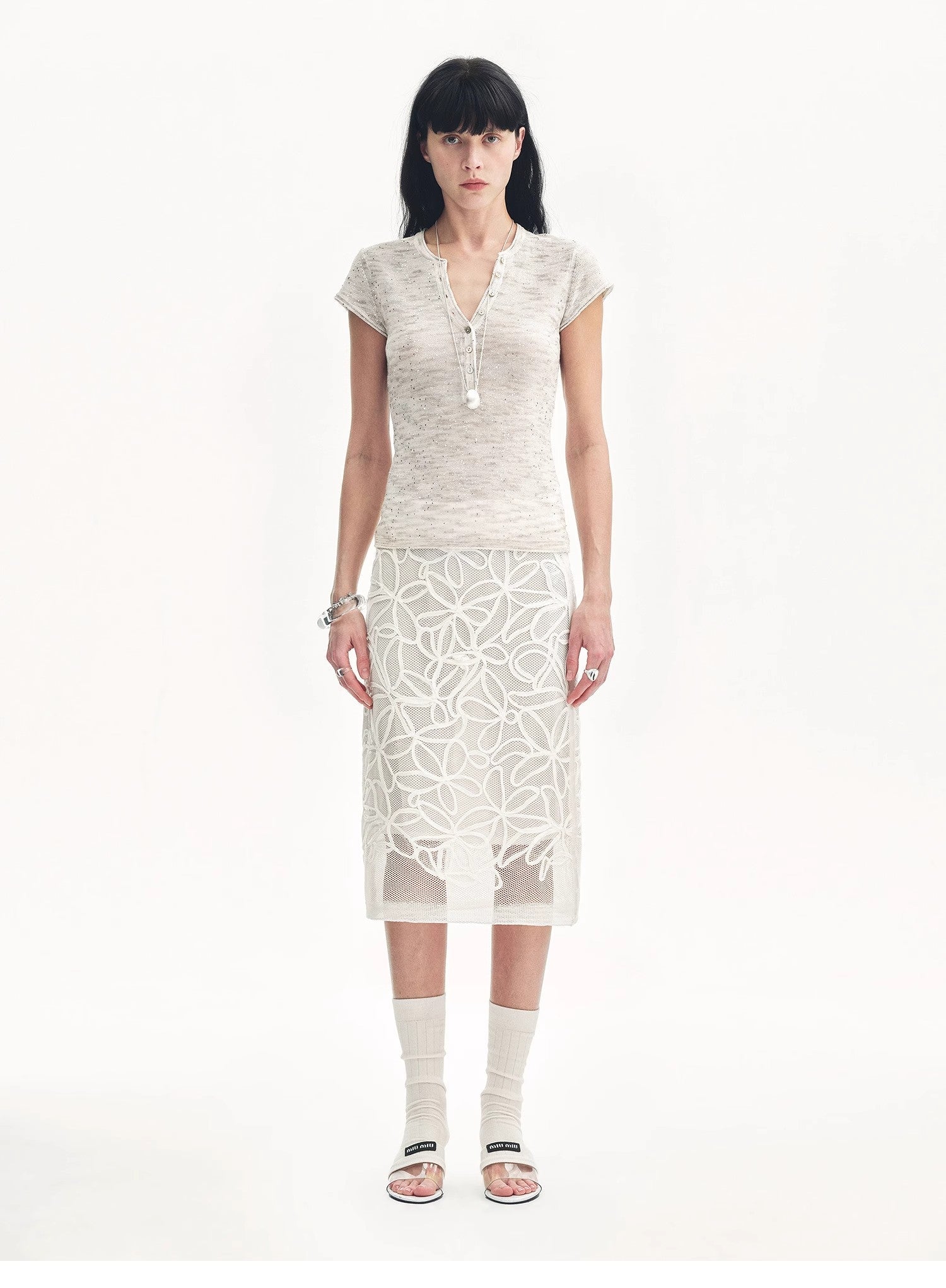 Cotton and Linen Blend Sequined Henley Neck Short Sleeve T-Shirt"Minimalist Light Gap" - variant_title