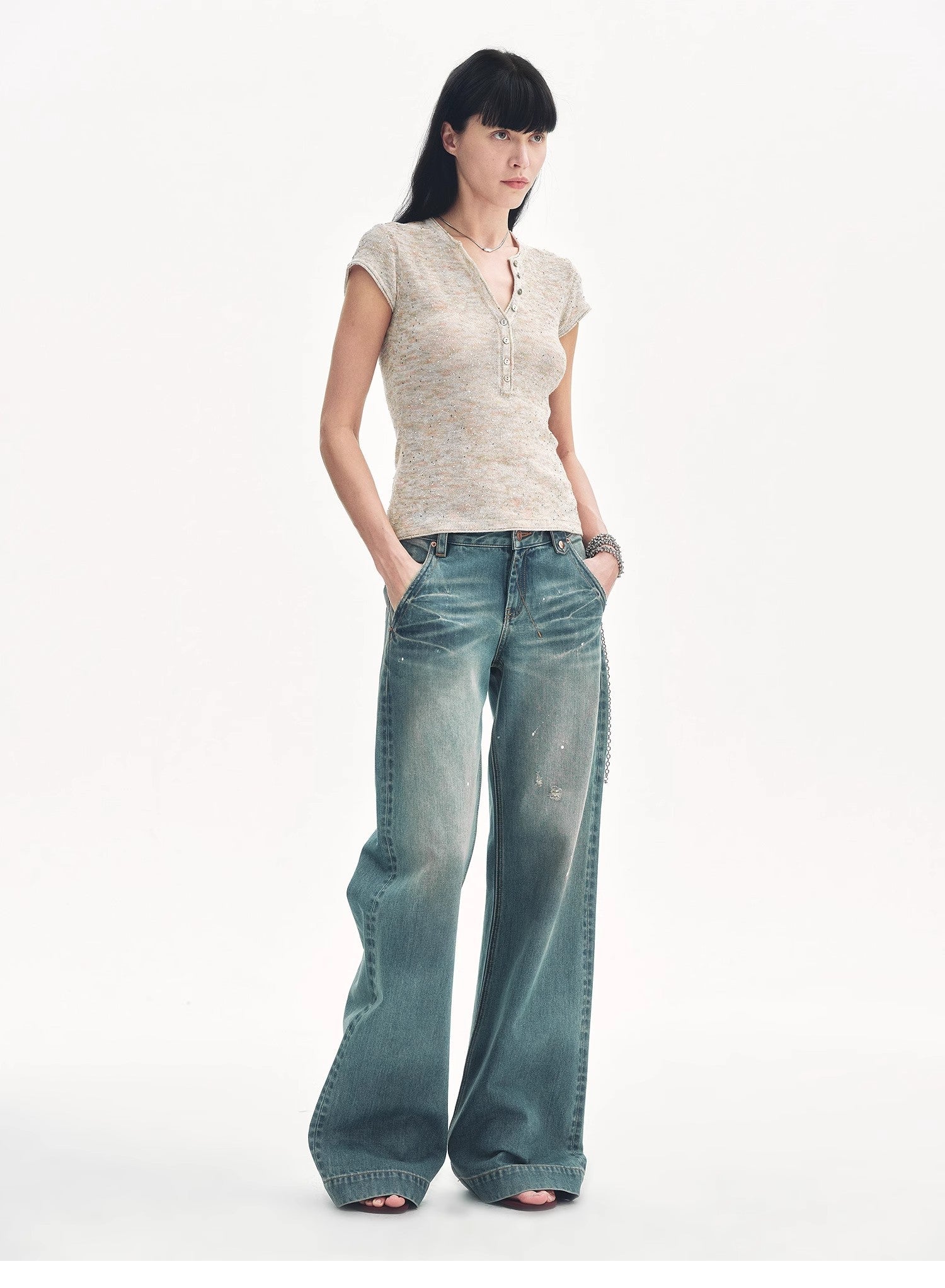 Cotton and Linen Blend Sequined Henley Neck Short Sleeve T-Shirt"Minimalist Light Gap" - variant_title