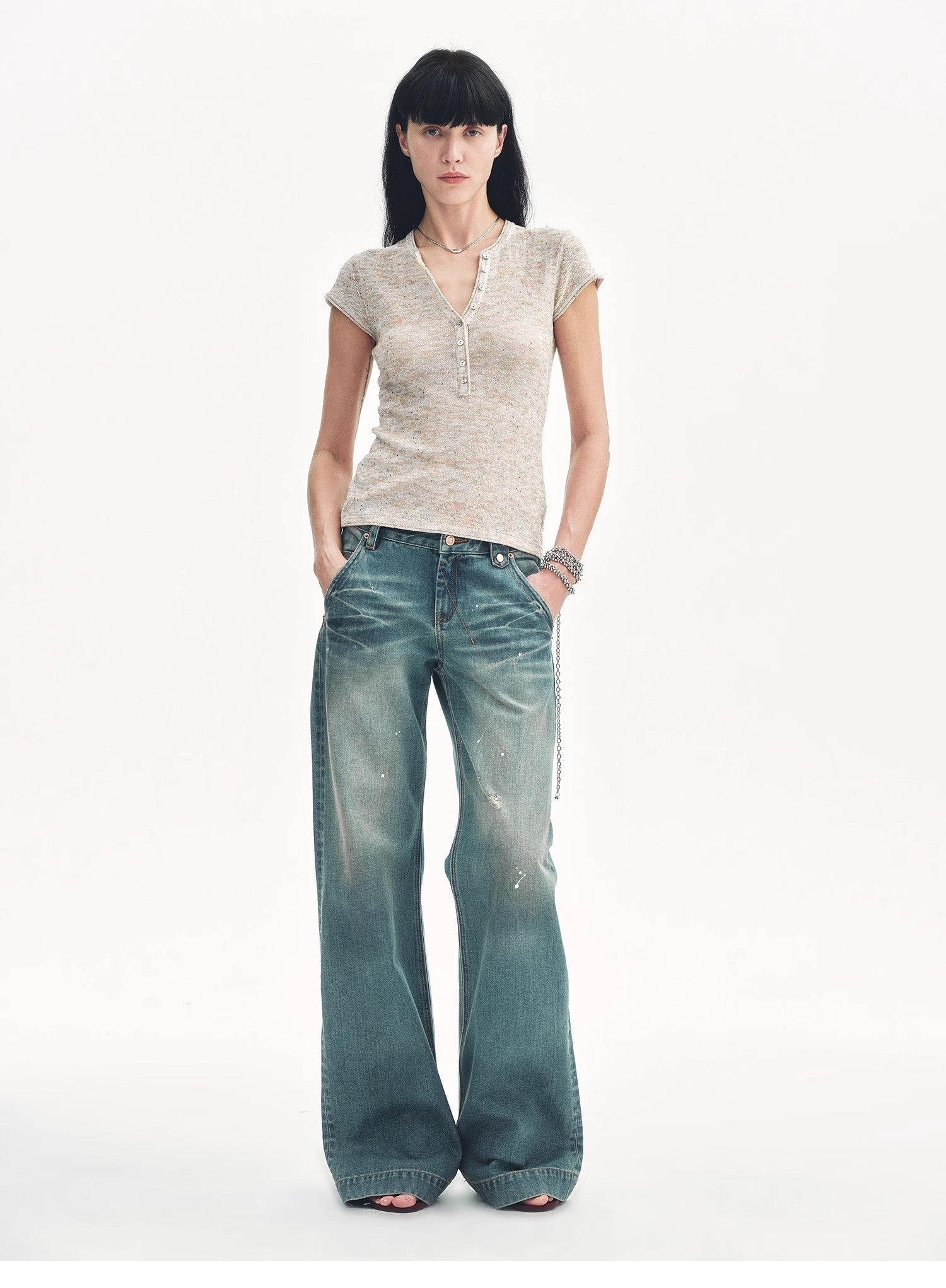 Cotton and Linen Blend Sequined Henley Neck Short Sleeve T-Shirt"Minimalist Light Gap" - variant_title