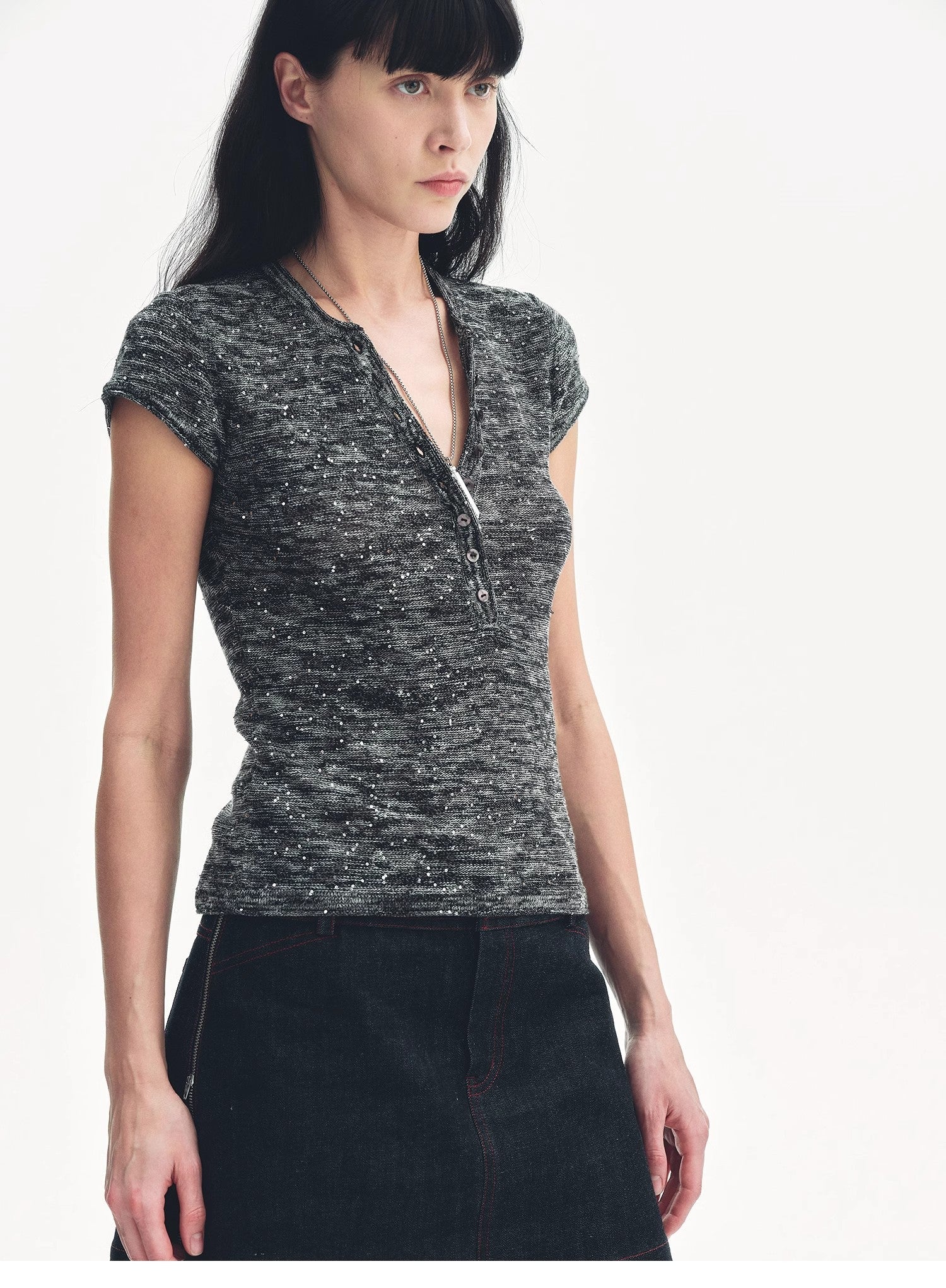 Cotton and Linen Blend Sequined Henley Neck Short Sleeve T-Shirt"Minimalist Light Gap" - variant_title