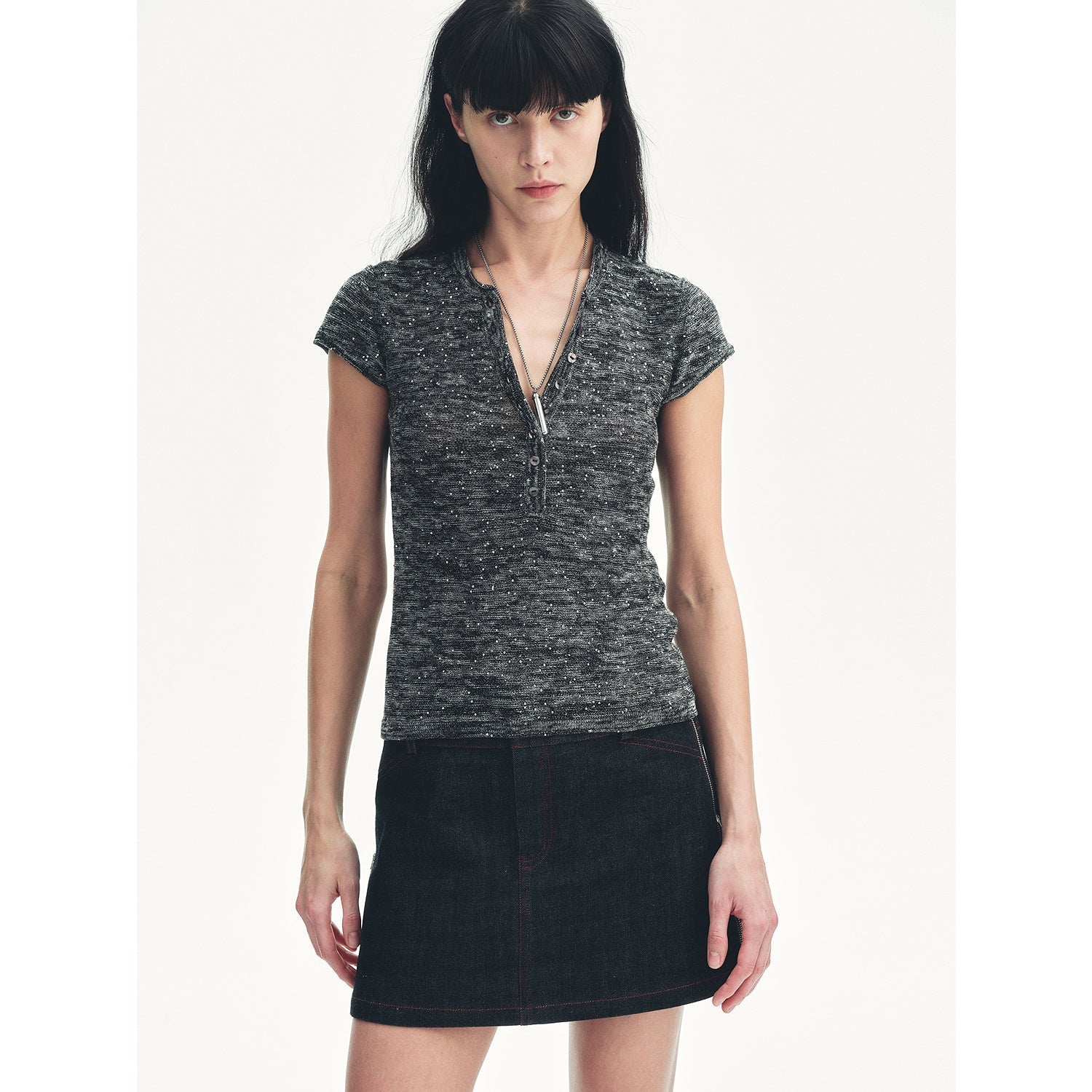 Cotton and Linen Blend Sequined Henley Neck Short Sleeve T-Shirt"Minimalist Light Gap" - variant_title