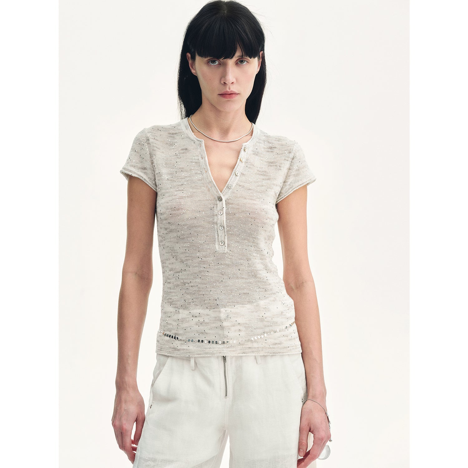 Cotton and Linen Blend Sequined Henley Neck Short Sleeve T-Shirt"Minimalist Light Gap" - variant_title