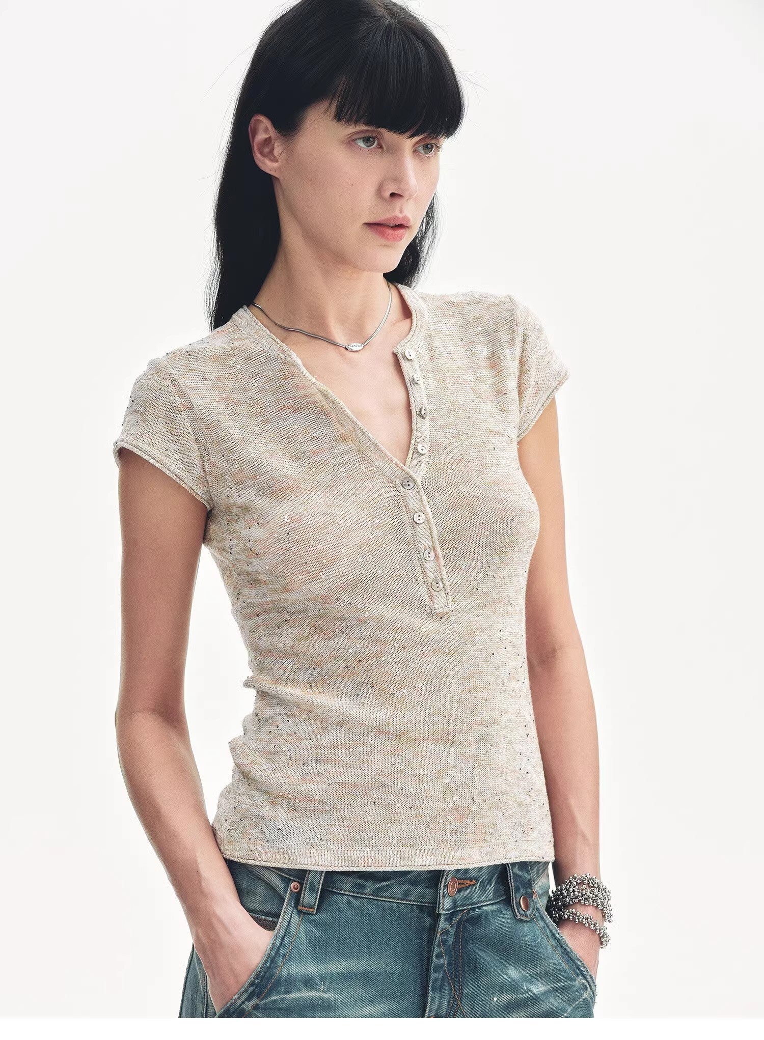 Cotton and Linen Blend Sequined Henley Neck Short Sleeve T-Shirt"Minimalist Light Gap" - variant_title