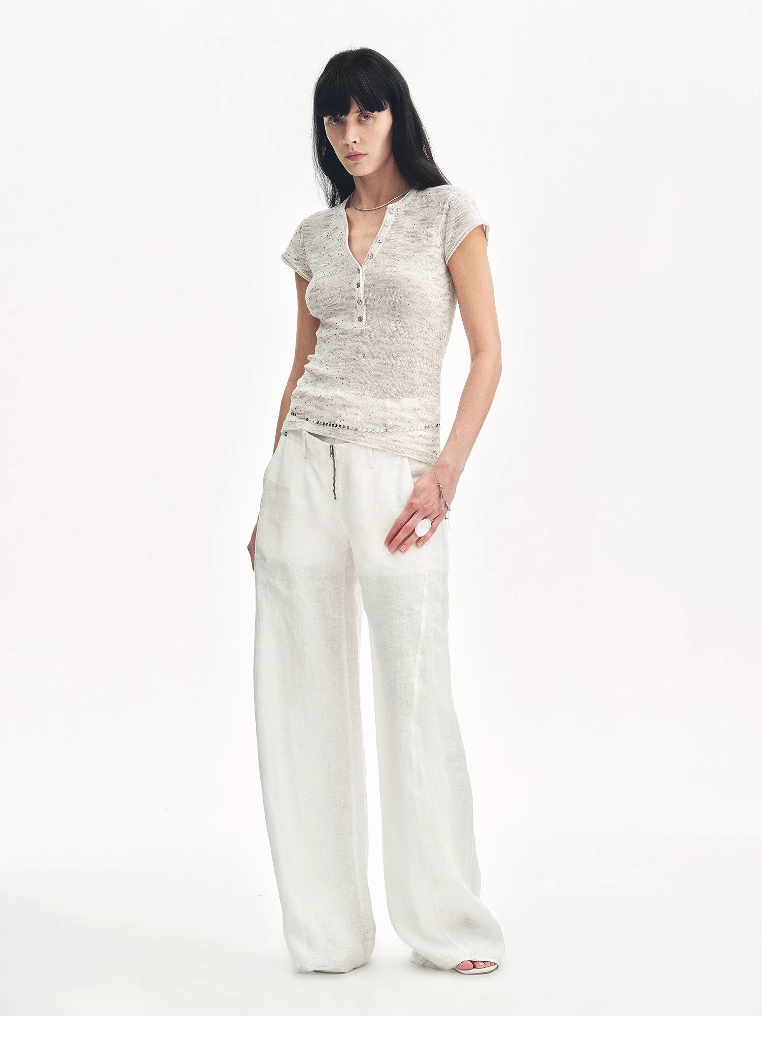 Cotton and Linen Blend Sequined Henley Neck Short Sleeve T-Shirt"Minimalist Light Gap" - variant_title