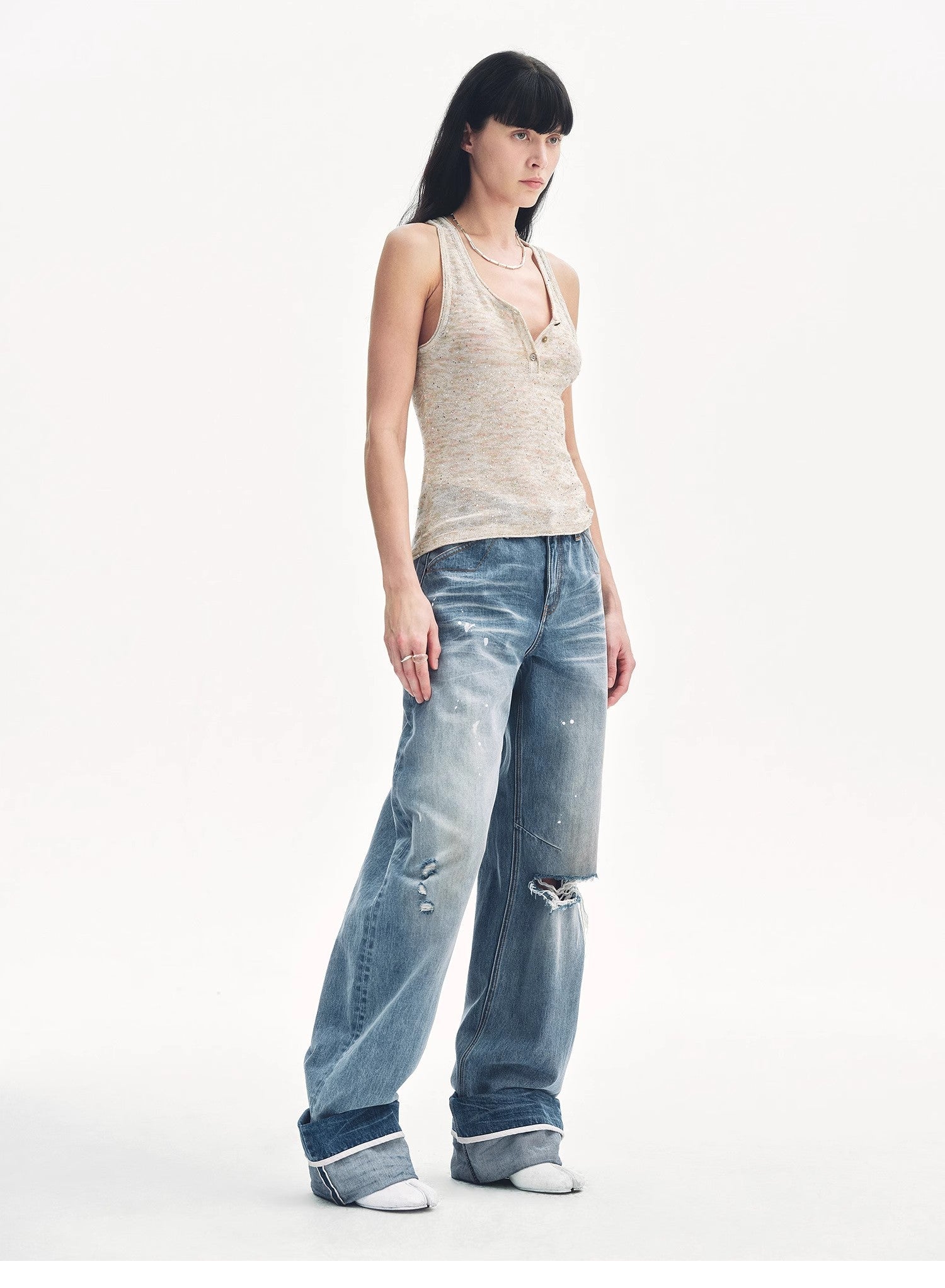 Cotton and Linen Blended Henley Collar Beaded Vest Summer"Summer Night Starry Sky" - variant_title