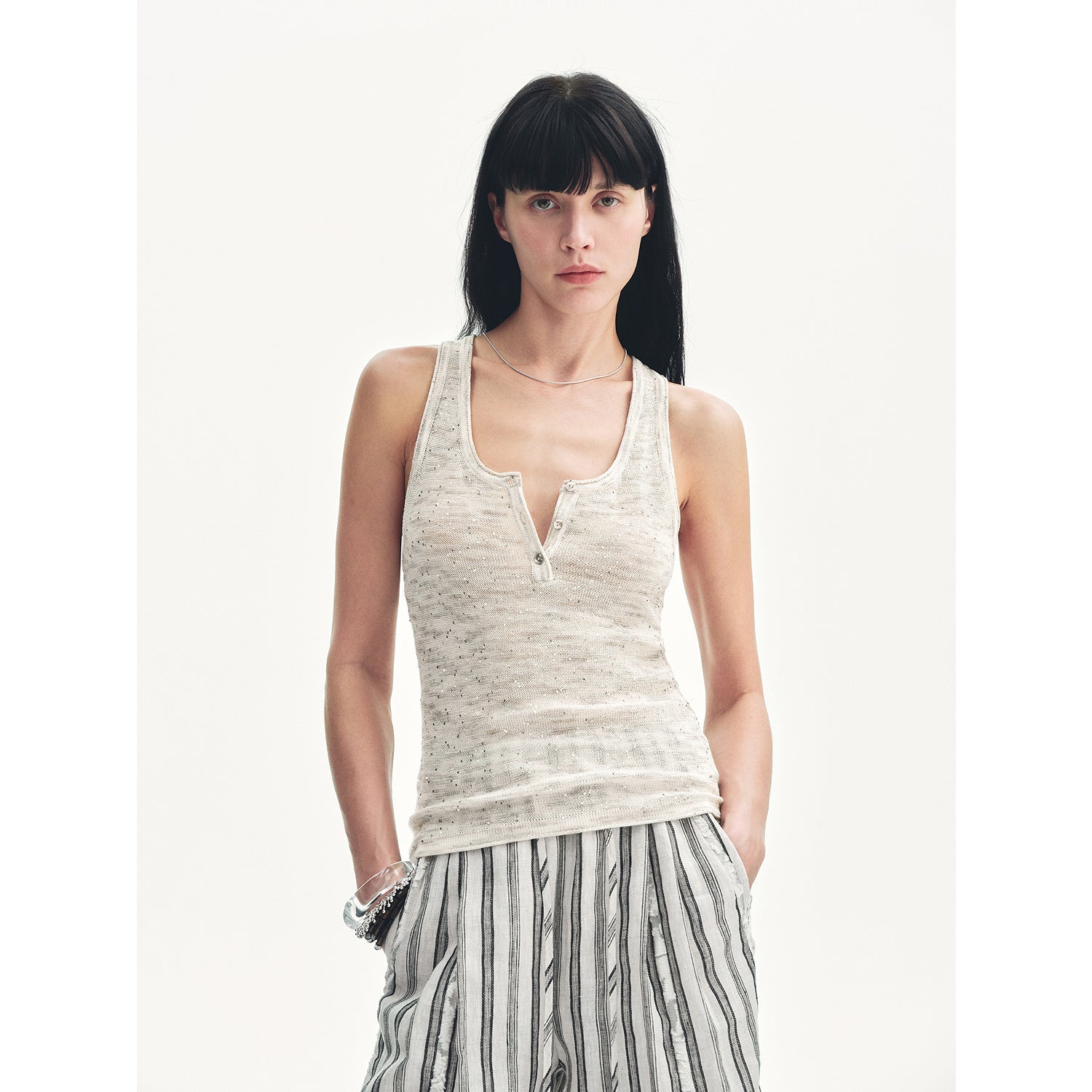 Cotton and Linen Blended Henley Collar Beaded Vest Summer"Summer Night Starry Sky" - variant_title