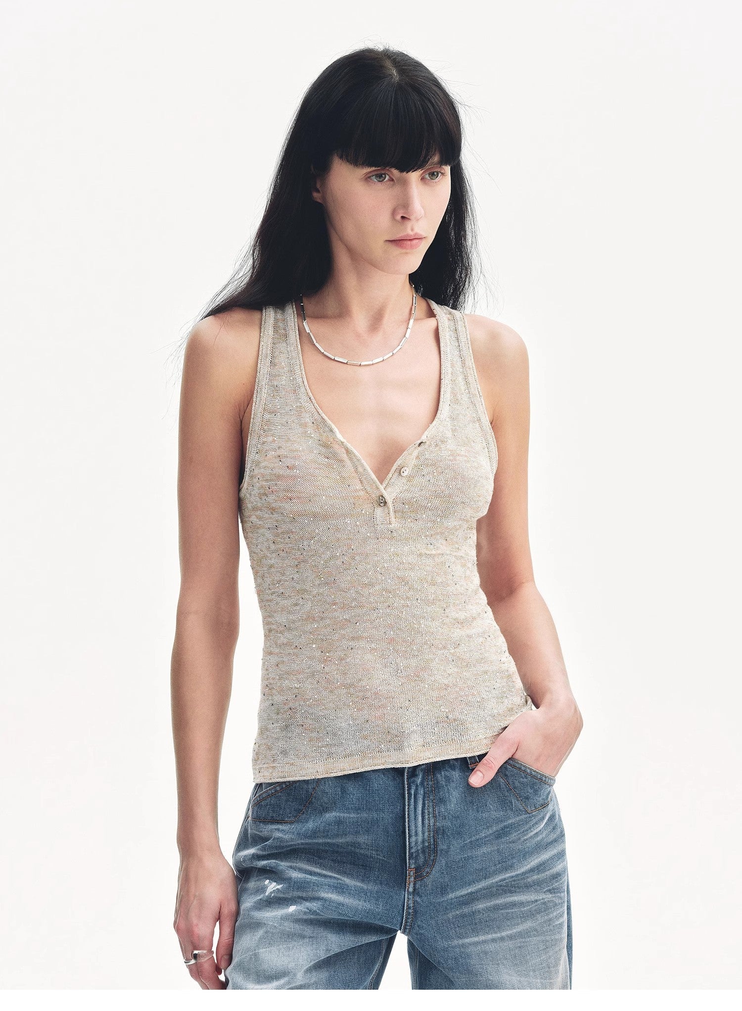 Cotton and Linen Blended Henley Collar Beaded Vest Summer"Summer Night Starry Sky" - variant_title