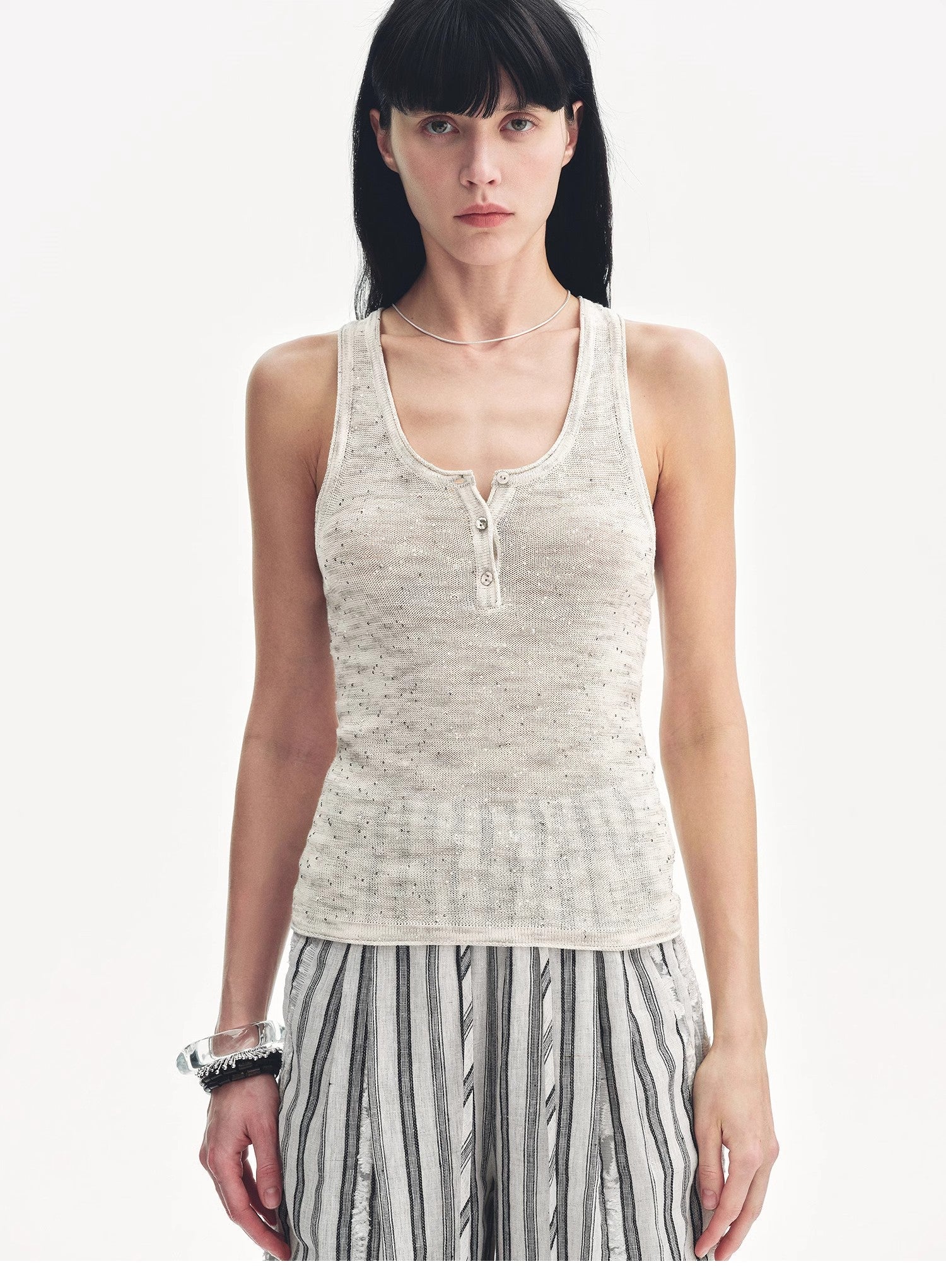 Cotton and Linen Blended Henley Collar Beaded Vest Summer"Summer Night Starry Sky" - variant_title