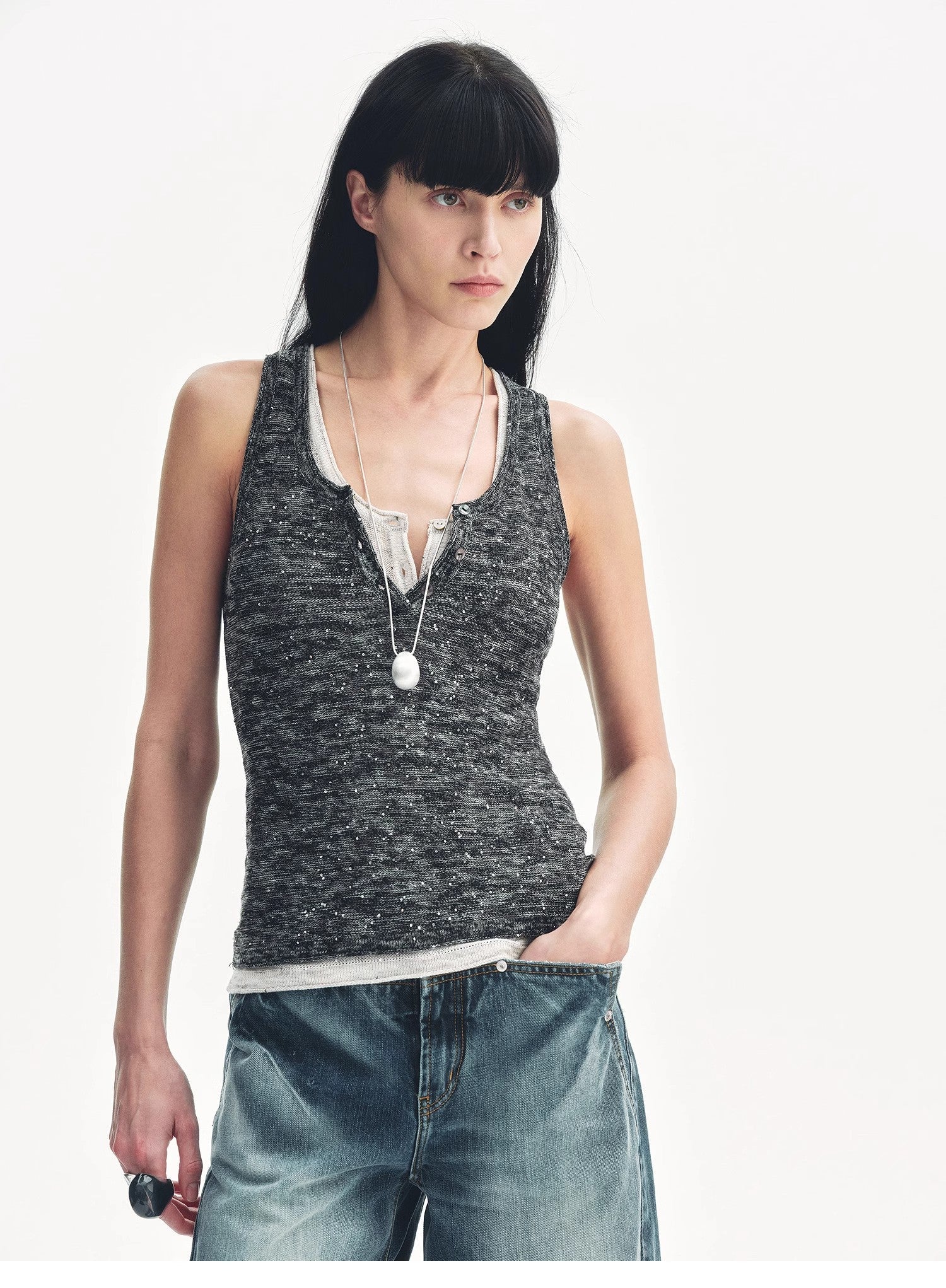 Cotton and Linen Blended Henley Collar Beaded Vest Summer"Summer Night Starry Sky" - variant_title