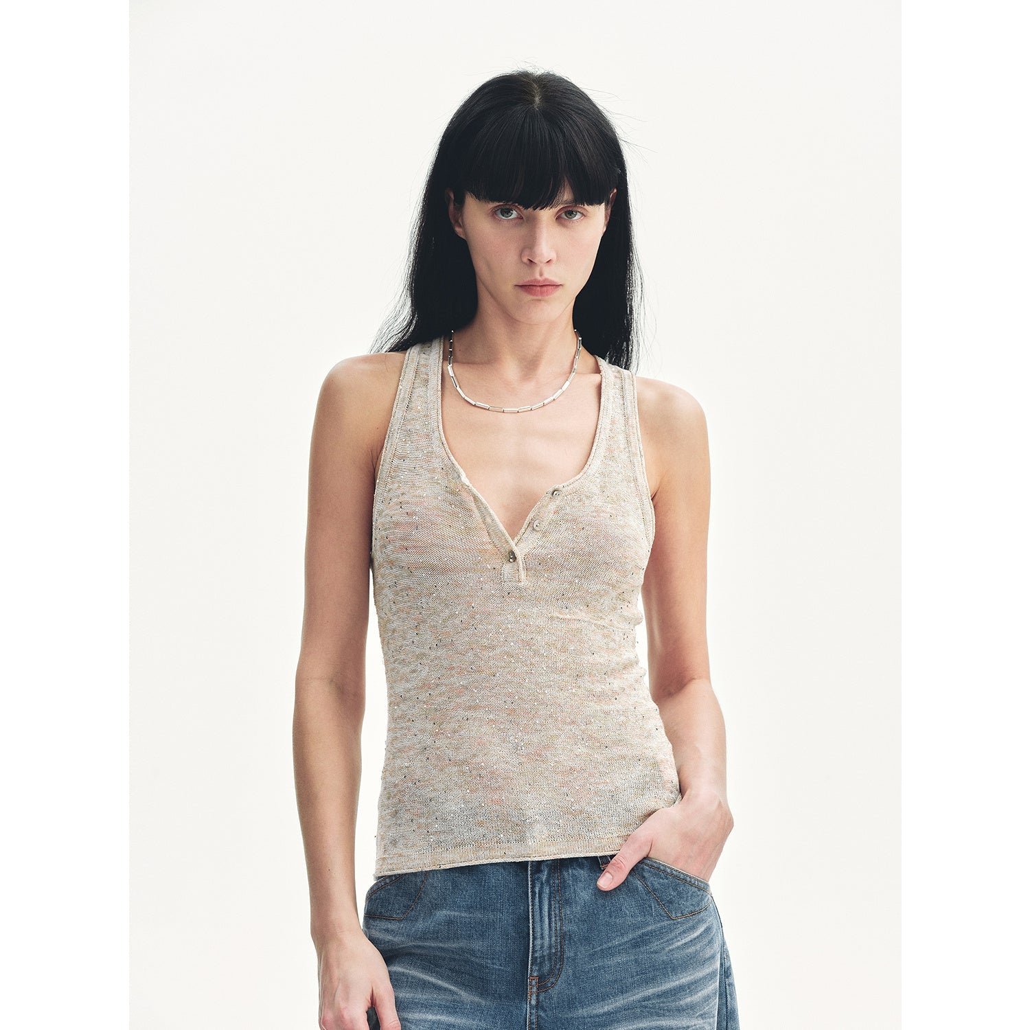 Cotton and Linen Blended Henley Collar Beaded Vest Summer"Summer Night Starry Sky" - variant_title