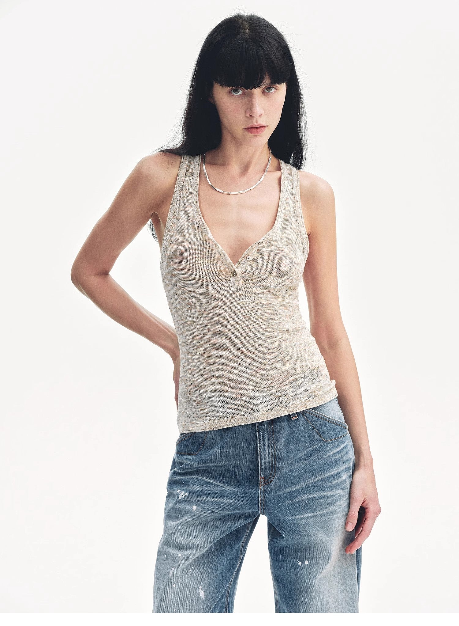 Cotton and Linen Blended Henley Collar Beaded Vest Summer"Summer Night Starry Sky" - variant_title