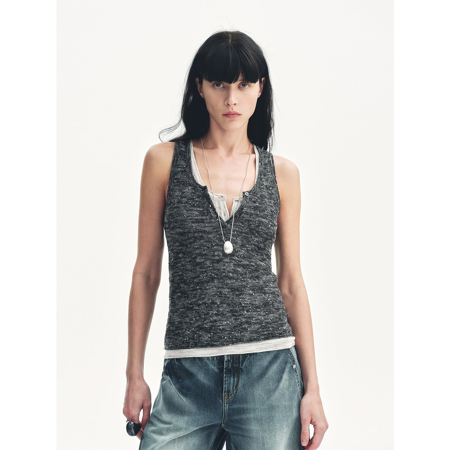 Cotton and Linen Blended Henley Collar Beaded Vest Summer"Summer Night Starry Sky" - variant_title