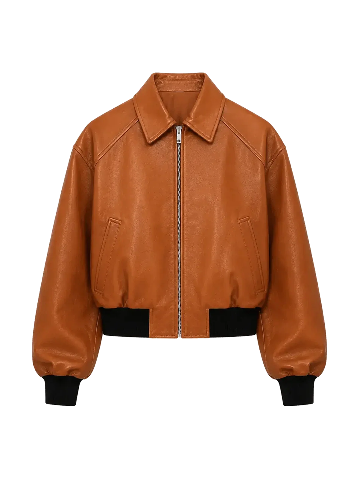 Cropped Lambskin Leather Jacket - Reddish Brown product cutout