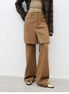 "Culotte Declaration" Retro split design fake two - piece twill brushed slightly flared slim jeans - variant_title