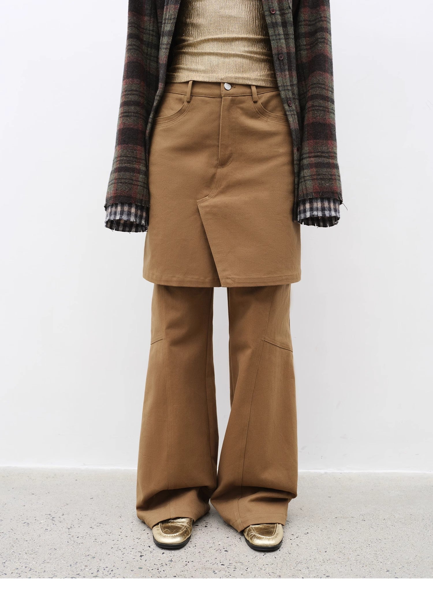 "Culotte Declaration" Retro split design fake two - piece twill brushed slightly flared slim jeans - variant_title
