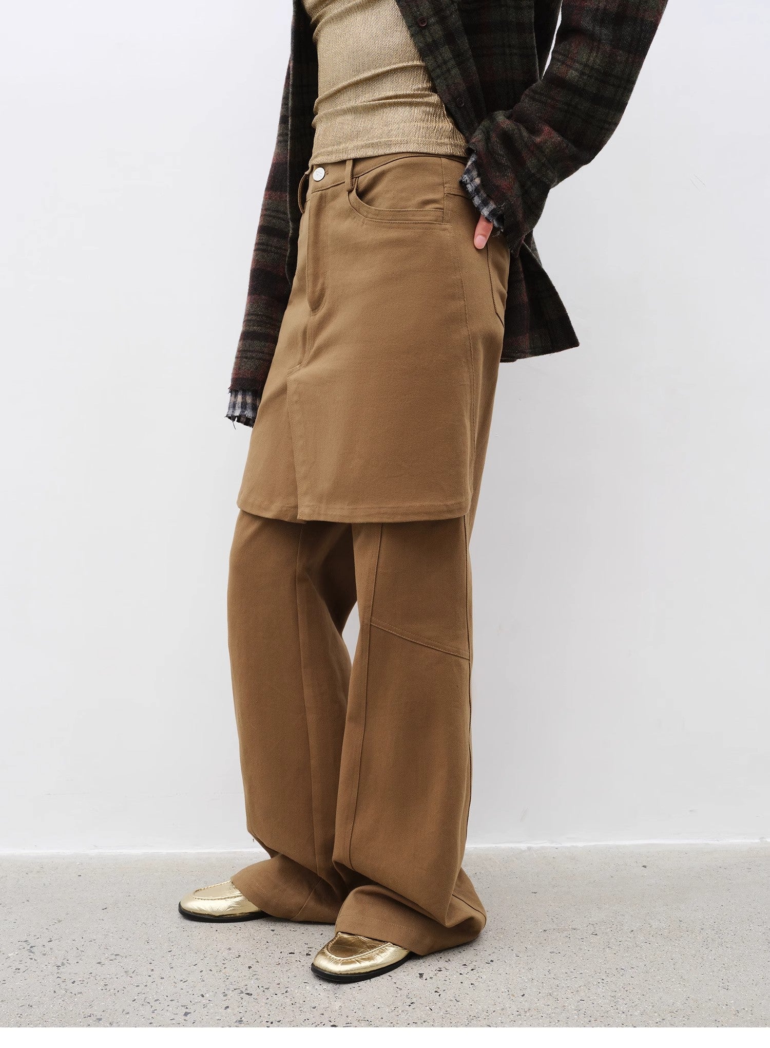 "Culotte Declaration" Retro split design fake two - piece twill brushed slightly flared slim jeans - variant_title