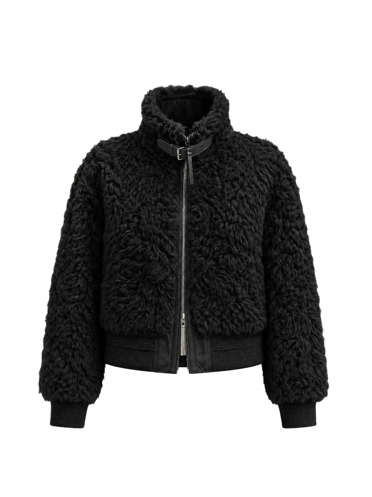Curly Story black sheep curly shearling bomber jacket, front product view