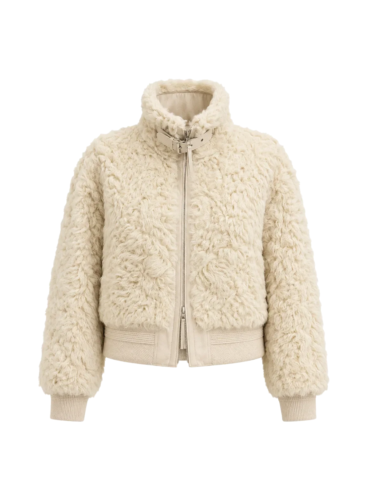 Curly Story light khaki sheep curly shearling bomber jacket, front product view