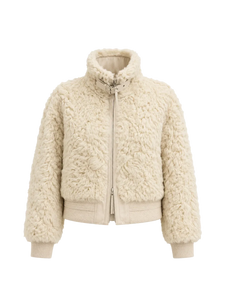 Curly Story light khaki sheep curly shearling bomber jacket, front product view
