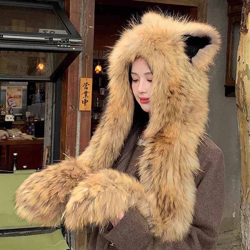 Cute Cat Ears Fox Fur Scarf Hood - Reversible Handwoven Winter Warm Hat & Shawl 3 - in - 1 for Women - variant_title