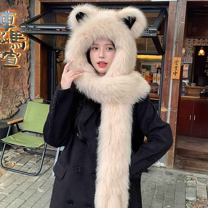 Cute Cat Ears Fox Fur Scarf Hood - Reversible Handwoven Winter Warm Hat & Shawl 3 - in - 1 for Women - variant_title