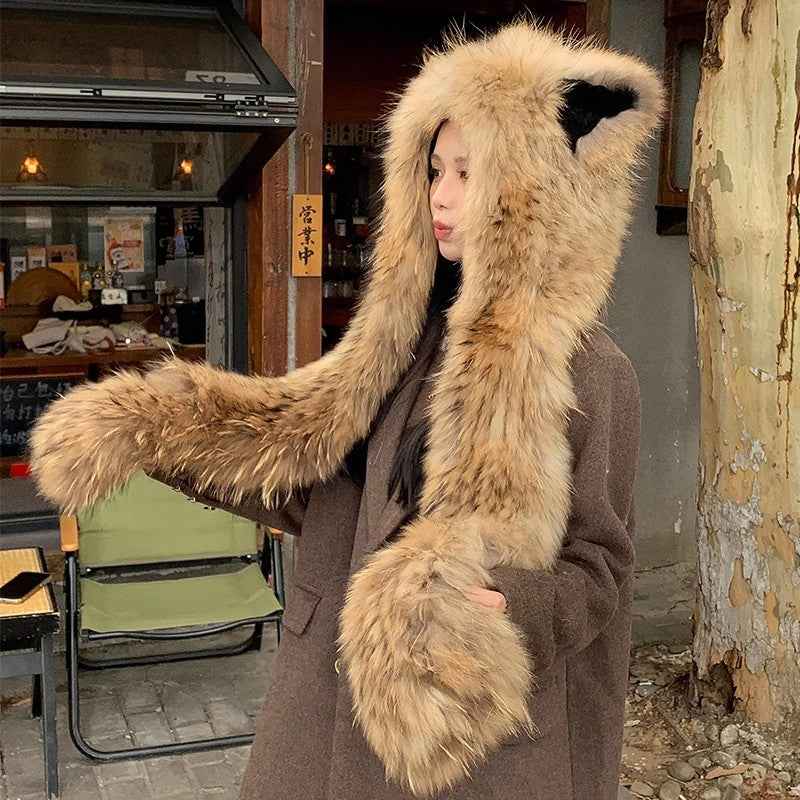 Cute Cat Ears Fox Fur Scarf Hood - Reversible Handwoven Winter Warm Hat & Shawl 3 - in - 1 for Women - variant_title