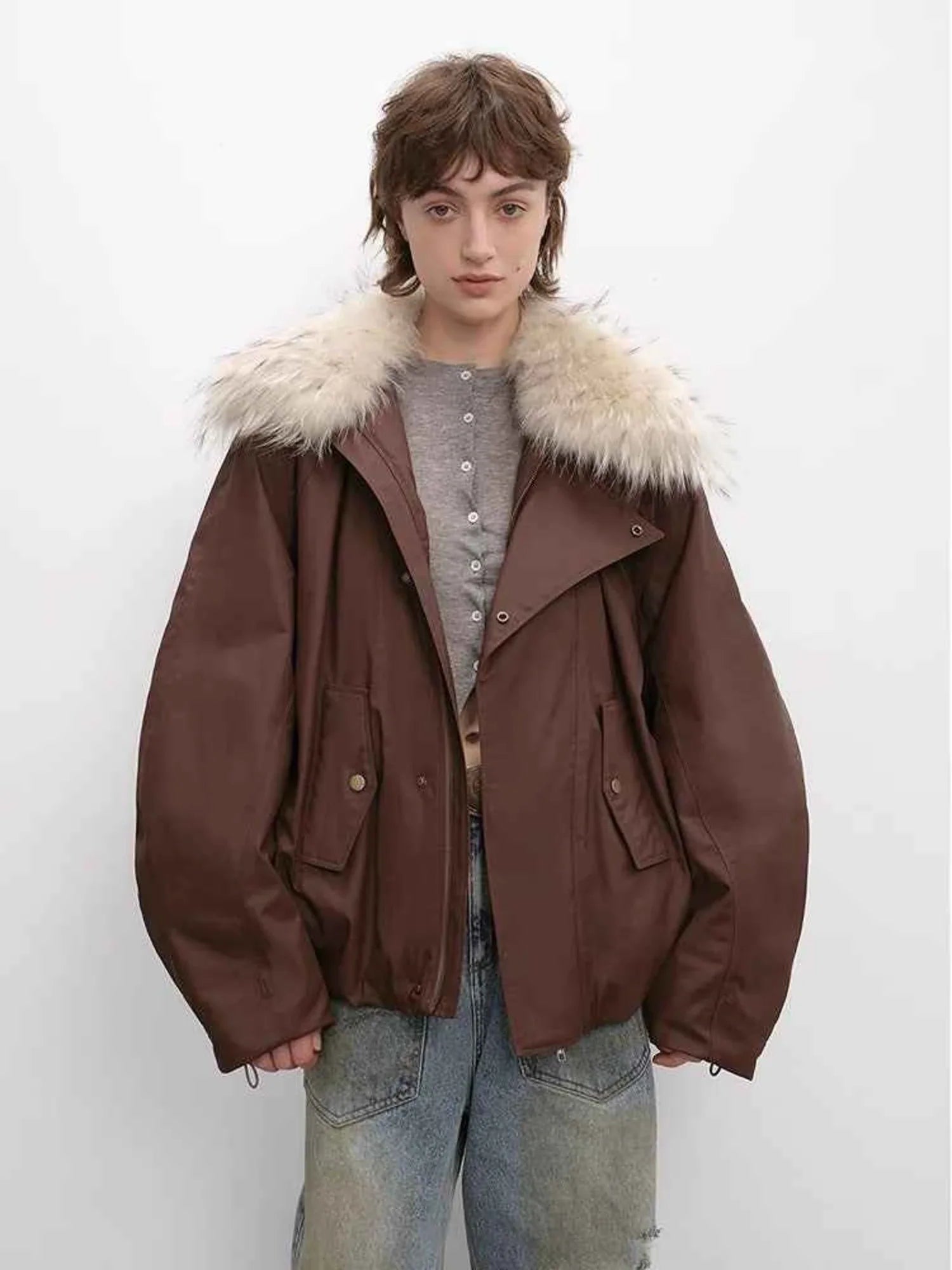 Burgundy Firelady Fur Cutting-edge Style short down jacket with raccoon fur collar front model view