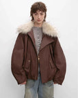 Burgundy Firelady Fur Cutting-edge Style short down jacket with raccoon fur collar front model view