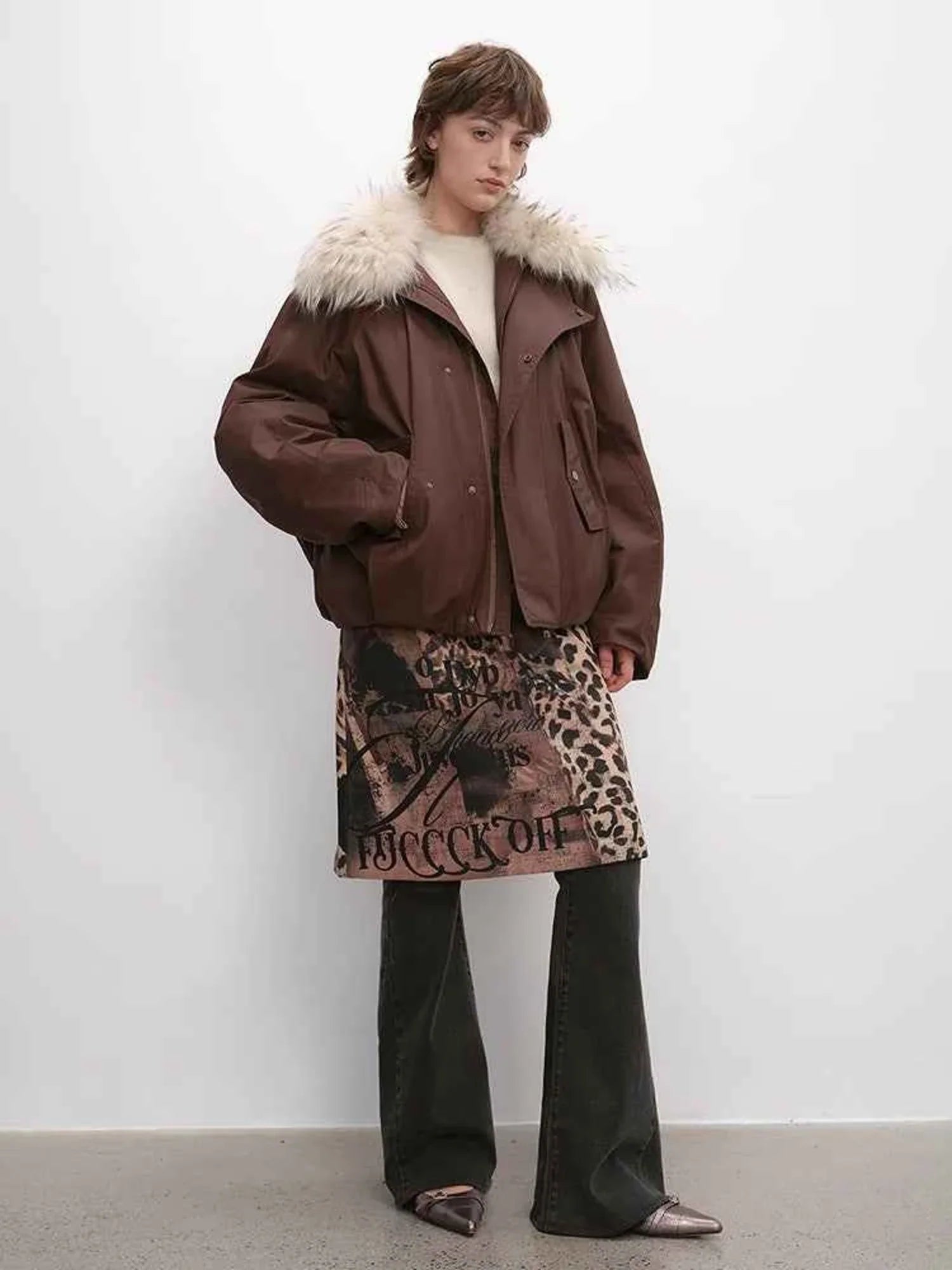 Burgundy Firelady Fur Cutting-edge Style short down jacket winter outfit styling
