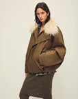Caramel Firelady Fur Cutting-edge Style short down jacket three-quarter view with raccoon fur collar