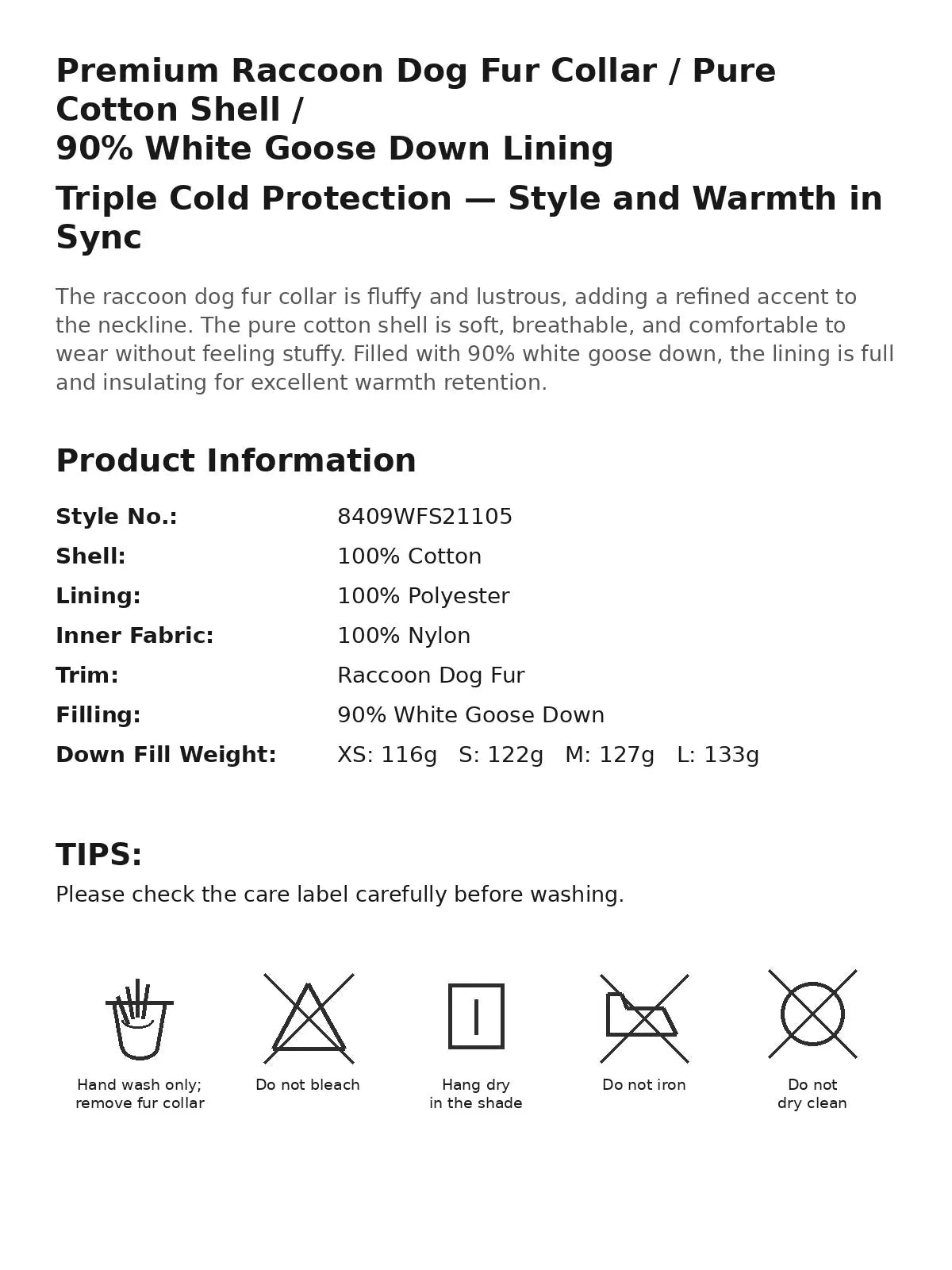 Firelady Fur Cutting-edge Style women's short down jacket product information and size guide