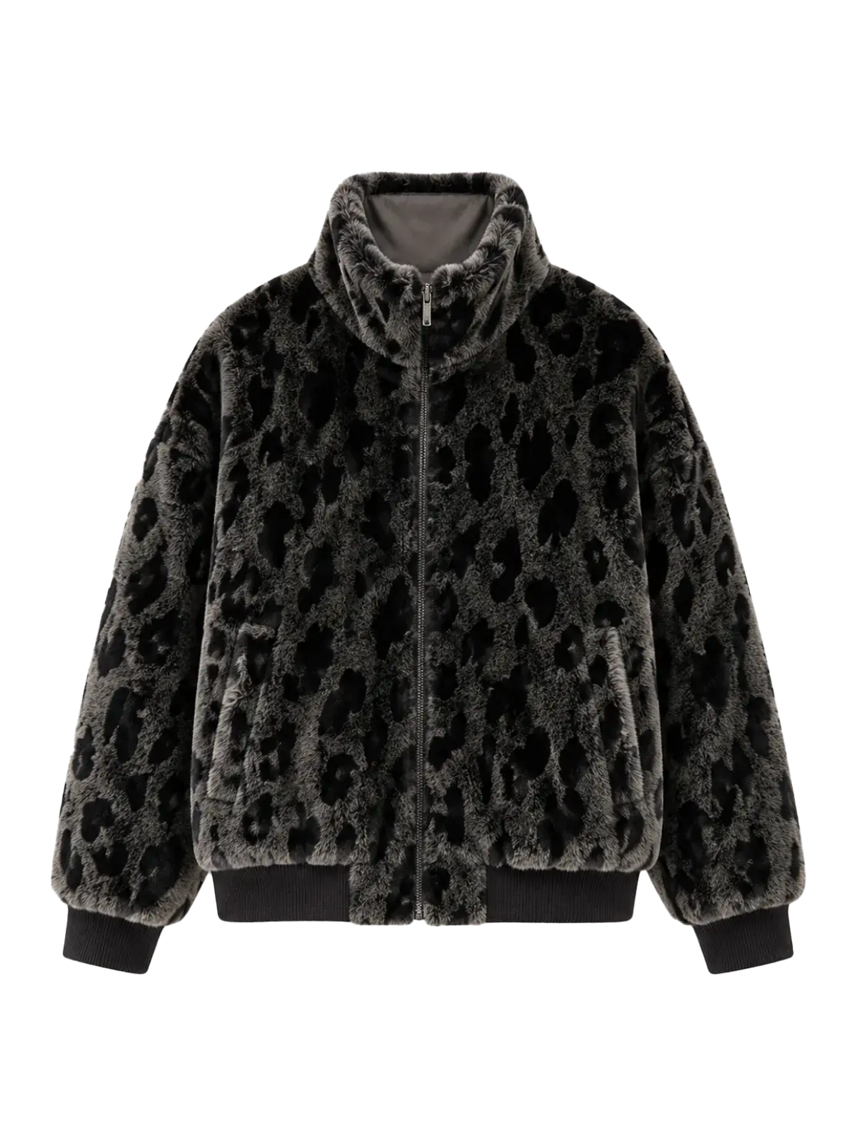Dapple Manor spotted gray leopard print Merino shearling jacket front product view