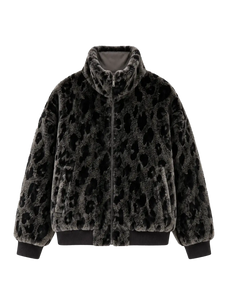 Dapple Manor spotted gray leopard print Merino shearling jacket front product view