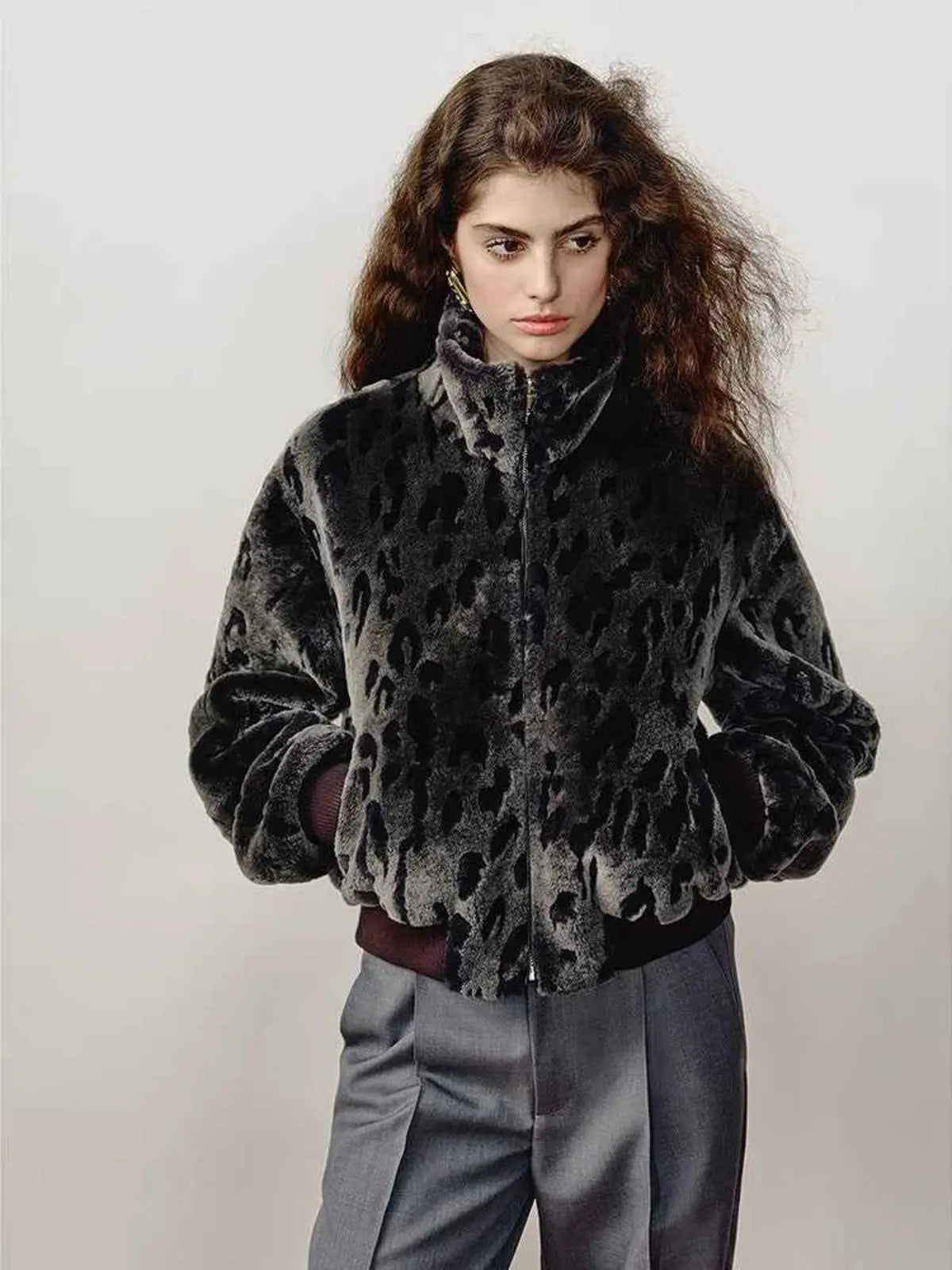 Dapple Manor spotted gray Merino shearling coat zipped front model view