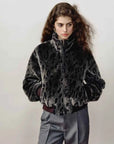 Dapple Manor spotted gray Merino shearling coat zipped front model view