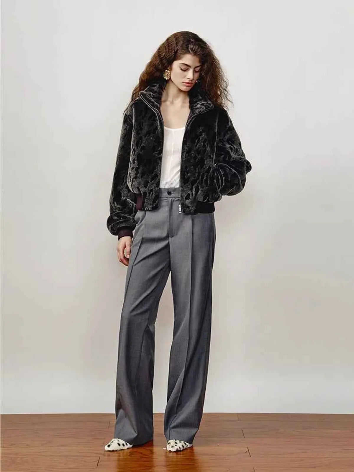 Dapple Manor leopard print short shearling jacket full-length model view