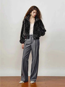 Dapple Manor leopard print short shearling jacket full-length model view