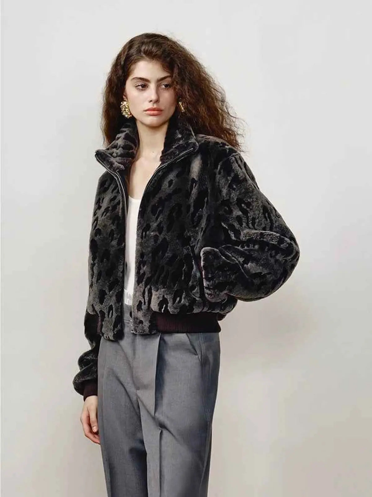 Dapple Manor stand collar Merino shearling jacket three-quarter model view