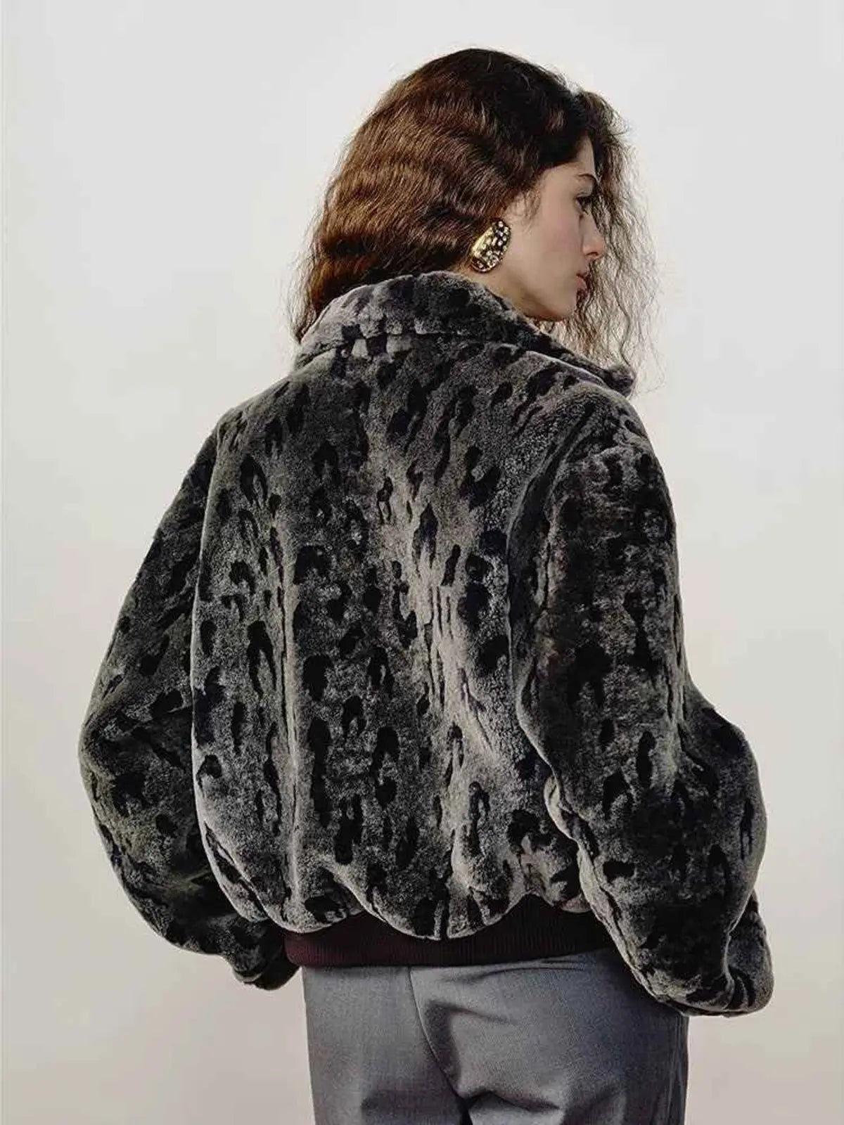 Dapple Manor spotted gray Merino shearling jacket back model view