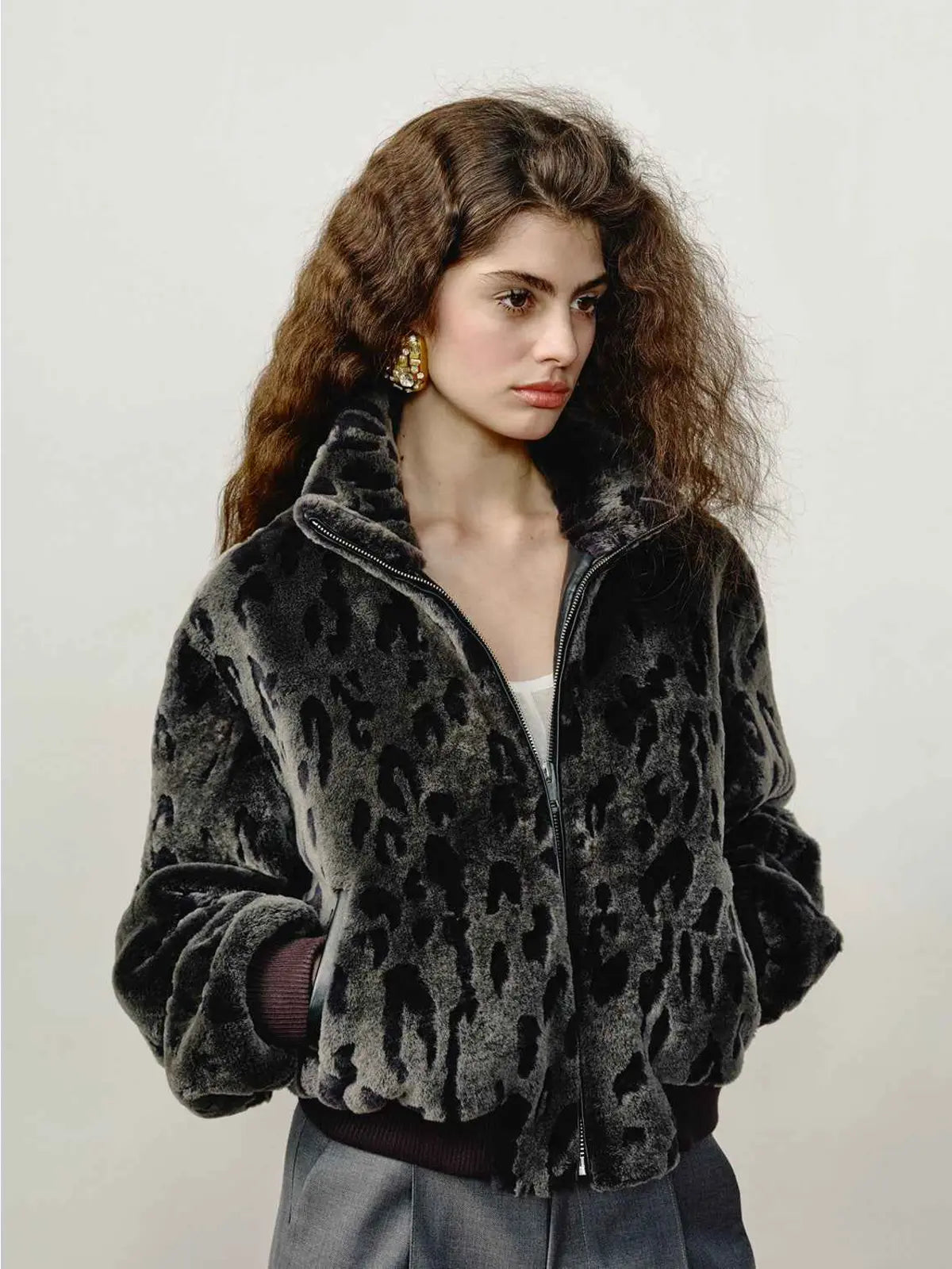 Dapple Manor leopard print Merino shearling jacket relaxed front model view