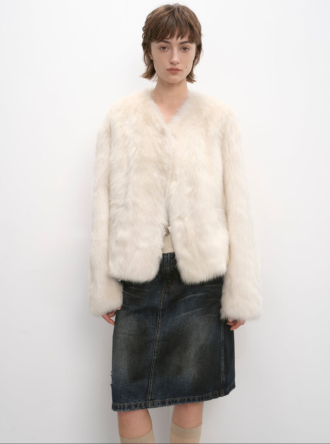 "Darcy Manor" imported Tuscan straight wool sheepskin sweetheart collar short fur coat - variant_title