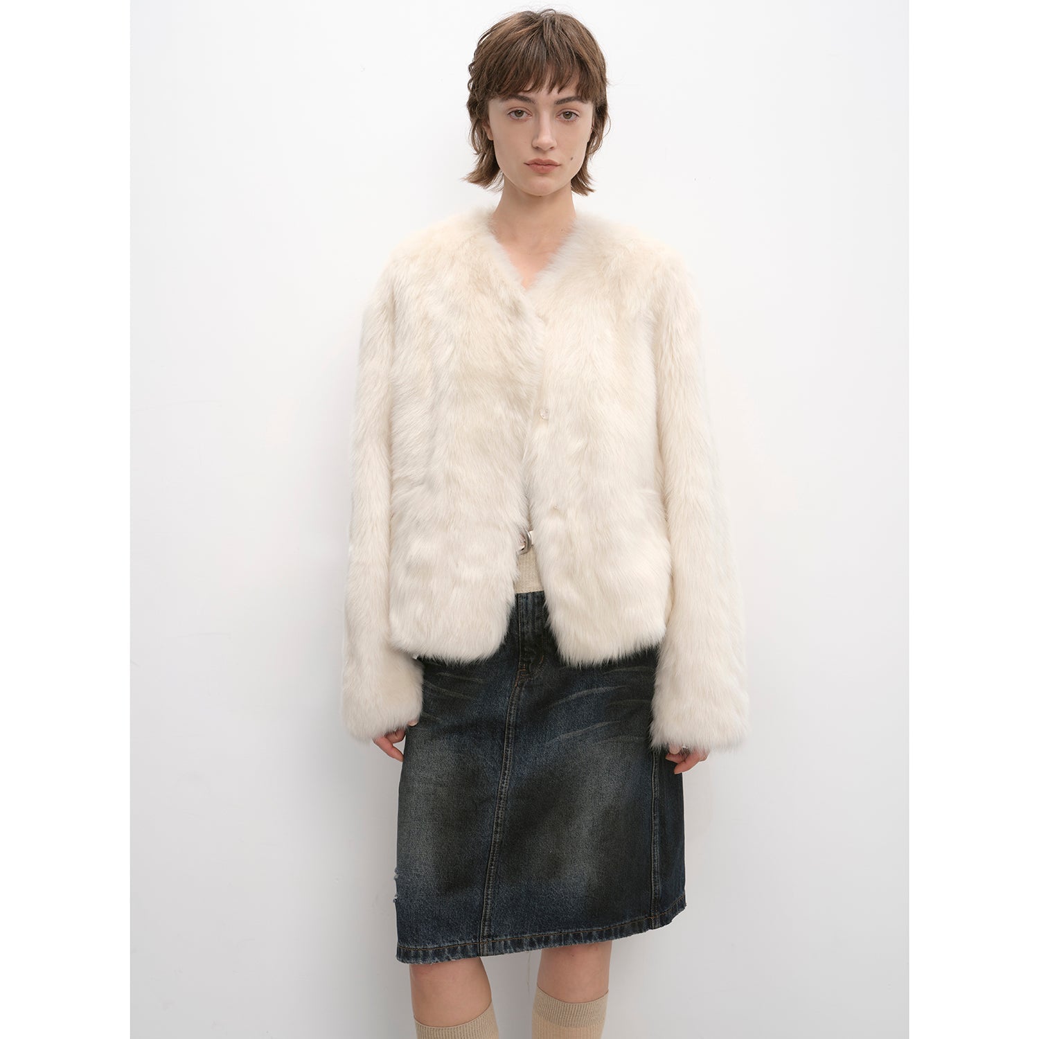 "Darcy Manor" imported Tuscan straight wool sheepskin sweetheart collar short fur coat - variant_title